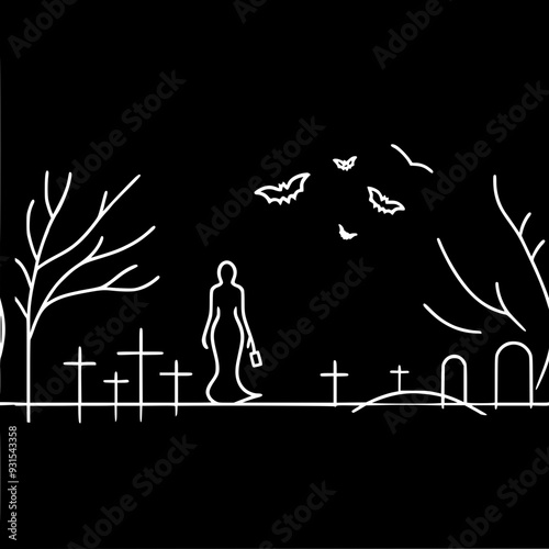 Stylized vector one-line drawing of a standing lady in a cemetery at night, creating a mystical atmosphere, Halloween