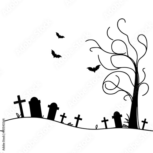 Minimalistic vector single line black and white simple sketch of a creepy tree in the middle of a cemetery, for Halloween