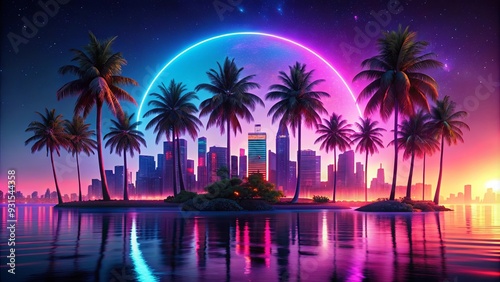 Vibrant neon island with palm trees and glowing skyline at night, neon, island, tropical, palm trees, glowing, skyline, vibrant