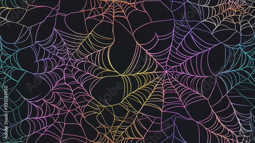 A seamless pattern with holographic Spider Cobwebs. Glowing neon background. 