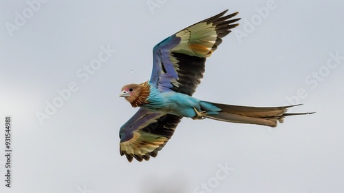 Roller bird in midflight its colorful wings spread wide against the sky photo