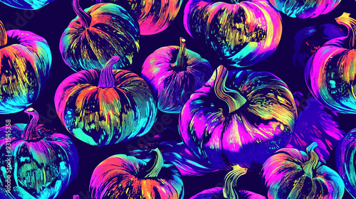 A seamless pattern with holographic halloween pumpkins. Glowing neon background. 