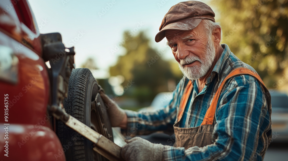 Fototapeta premium A dashing elderly man working on roadside towing service. Roadside assistance idea.