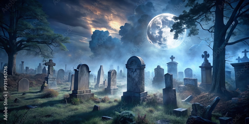 Spooky graveyard scene with crumbling tombstones, ghostly projections, and eerie mist, illuminated by a full moon, photographed from a low vantage point, conveying dread. Spooky graveyard scene with crumbling tombstones, ghostly projections, and eerie mist, illuminated by a full moon, photographed from a low vantage point, conveying dread.
