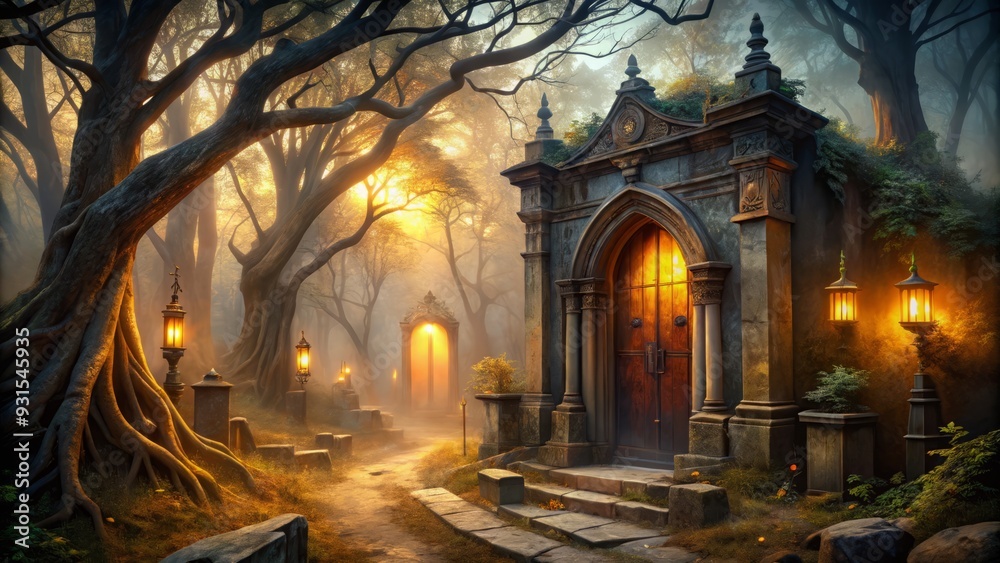 Rays of golden light pierce eerie fog, highlighting gnarled branches grasping ancient mausoleum walls, creaking wooden doors, flickering candlelight on forgotten relics. Rays of golden light pierce eerie fog, highlighting gnarled branches grasping ancient mausoleum walls, creaking wooden doors, flickering candlelight on forgotten relics.