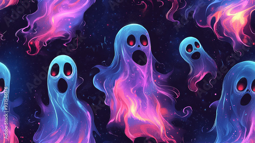 A seamless pattern with holographic halloween Ghosts. Glowing neon background. 