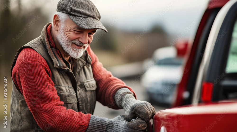 Fototapeta premium A dashing elderly man working on roadside towing service. Roadside assistance idea.