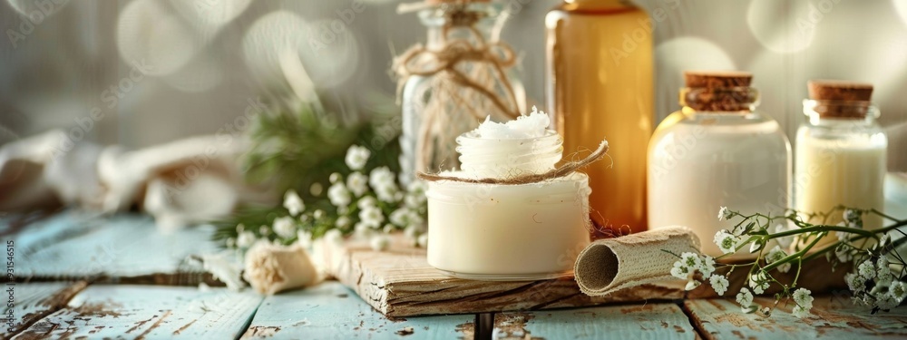 Natural skincare products with flowers on a rustic wooden table