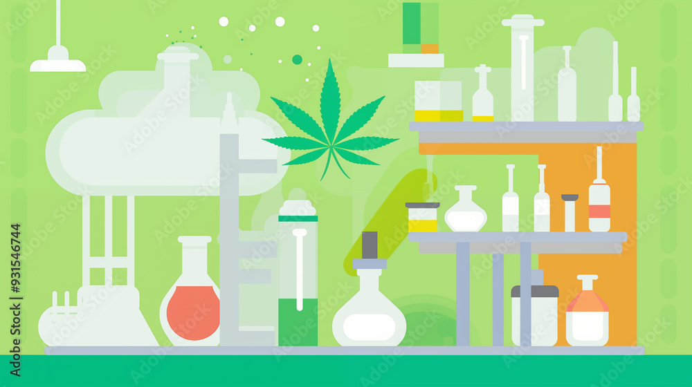 Obraz premium Colorful Laboratory Scene with Cannabis Leaves and Industrial Equipment
