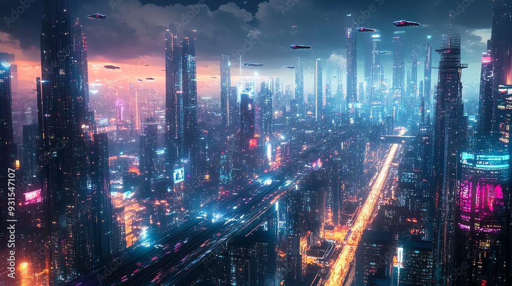 A futuristic city skyline with flying cars.