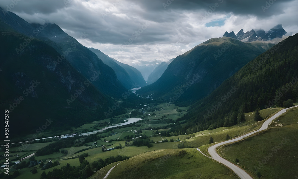 Winding road leading through picturesque valley in the alps Winding road leading through picturesque valley in the alps