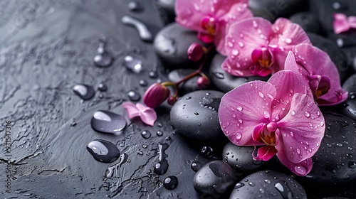 Composition with spa stones orchid pink flower on grey background Spa concept : Generative AI