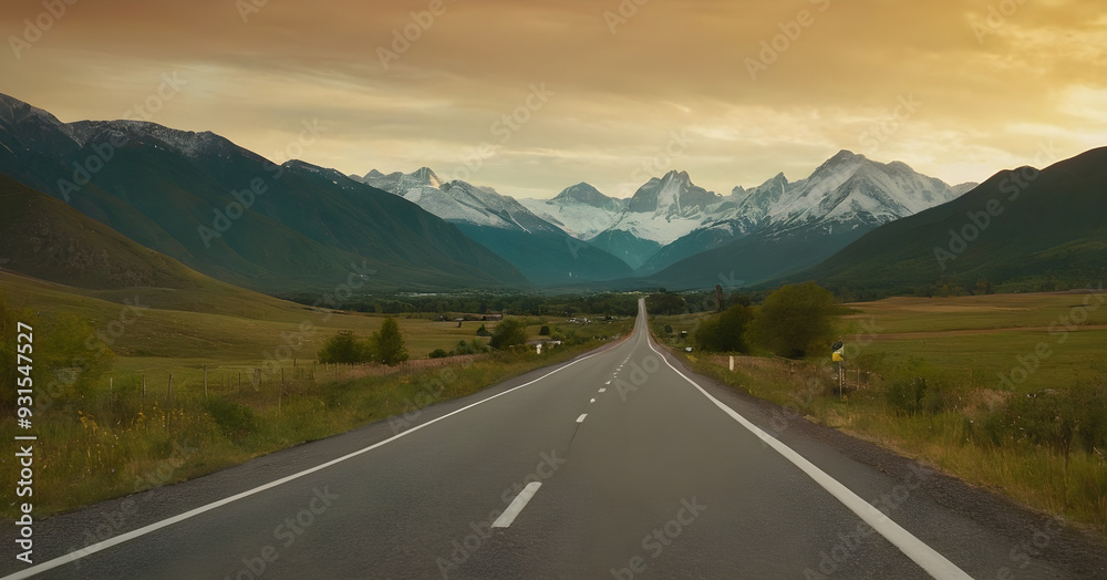 Fototapeta premium Empty asphalt road leading to the snowy mountain peaks at sunset