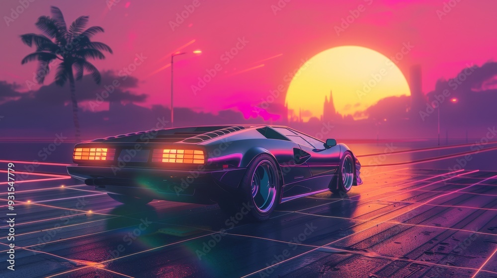 A stylish, artistic 90s car driven towards the sunset. Retro 80s, avant-garde, futuristic, clear, simple, beautiful, isolated, futurism, background, template. A stylish, artistic 90s car driven towards the sunset. Retro 80s, avant-garde, futuristic, clear, simple, beautiful, isolated, futurism, background, template.