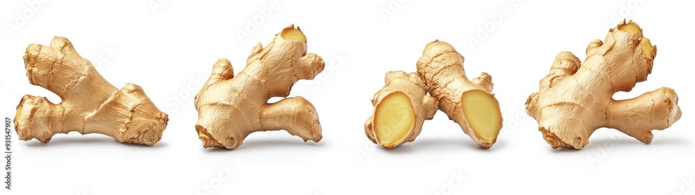 Four Pieces of Fresh Ginger Root on a White Background Four Pieces of Fresh Ginger Root on a White Background