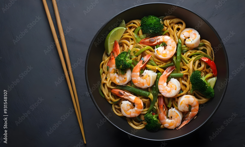 Steaming bowl of shrimp and vegetable noodles on dark background Steaming bowl of shrimp and vegetable noodles on dark background