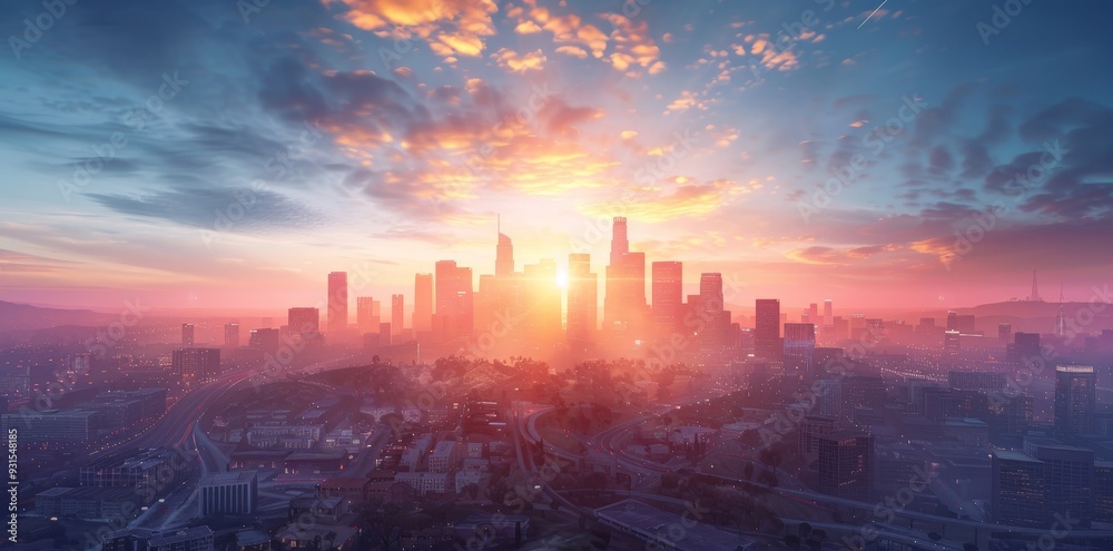 An Anime Illustration of Downtown Los Angeles with Urban Buildings and Skyline. Concept Anime Art, Digital Illustration, Future City, Los Angeles, Skyline. An Anime Illustration of Downtown Los Angeles with Urban Buildings and Skyline. Concept Anime Art, Digital Illustration, Future City, Los Angeles, Skyline.