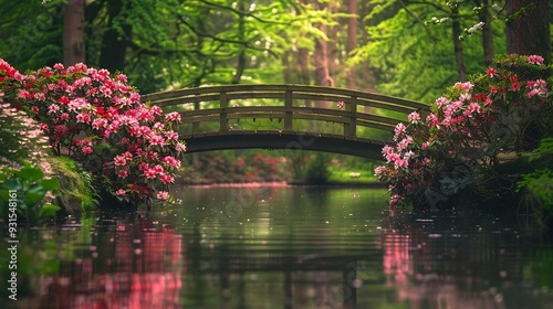 Idyllic spring image of a bridge and blooming Rhododendron along the waterside in botanical garden Arboretum Trompenburg in Rotterdam The Netherlands : Generative AI photo