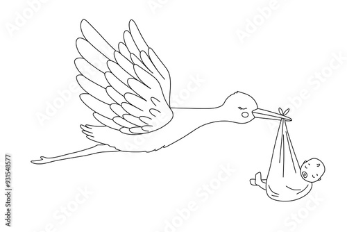 Line stork carries newborn baby. Vector outline sketch for coloring book. Cute hand drawn doodle illustration