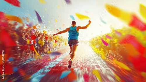 Runner crosses finish line with confetti