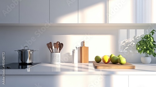 A clean white kitchen counter with just a few essential items, showcasing the simplicity and zen of minimalist design.