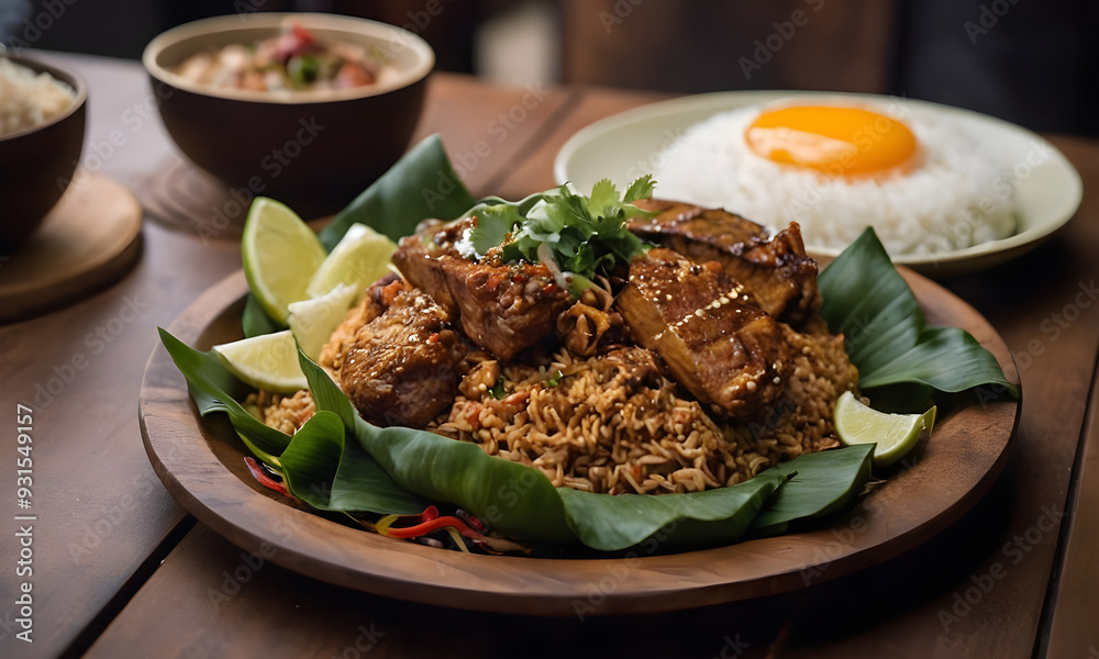 Delicious fried rice being served with braised pork ribs on wooden table Delicious fried rice being served with braised pork ribs on wooden table