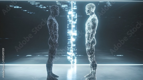 Digital Twin of a Person A digital twin standing side by side with the physical person both in a futuristic setting