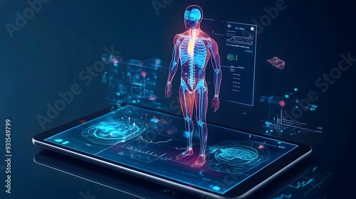 Virtual Twin Health Monitoring A tablet displaying a virtual twin that tracks and analyzes real time health metrics and biometrics to provide personalized health insights and data driven wellness