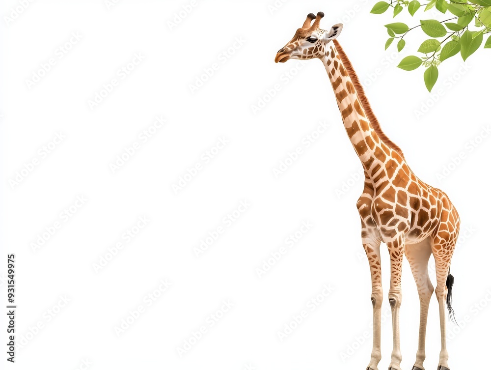 Fototapeta premium Giraffe standing tall with leaves overhead. Isolated on white background. Perfect for wildlife and nature-themed projects.