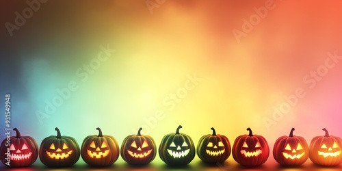 Halloween-themed pumpkin wonderland with cheerful faces and a spooky gradient background.
 photo