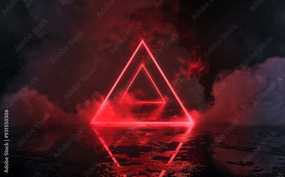 Fototapeta premium Dark, fog-covered background with futuristic glowing pyramid and neon lights, capturing an enigmatic sci-fi scene.