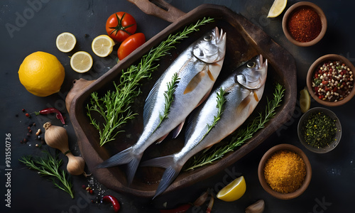 Two fresh raw sea bream fish decorated with rosemary and spices on dark stone background