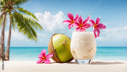 This is a picture of a coconut-shaped drink with a straw and flowers, set on a beach with palm trees.

