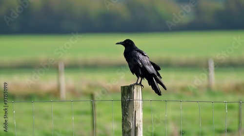 Rook perched on a fence post its dark plumage contrasting with the green fields behind it photo