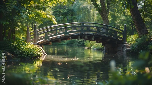 Beautiful Japanese bridge in Brooklyn botanical garden with green surroundings : Generative AI