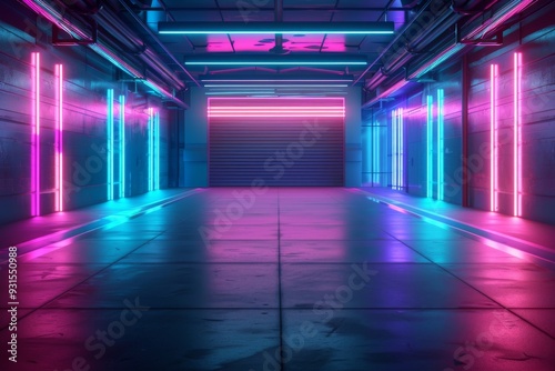 Neon lights in blue and pink hues create a sci-fi atmosphere and a sense of infinite depth in this futuristic hallway.