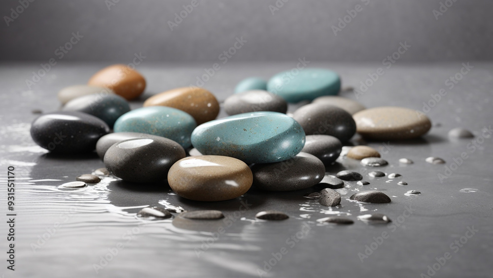 This is a picture of several smooth, different-colored stones, some of which are stacked on top of each other, with water droplets on the surface.
This is a picture of several smooth, different-colored stones, some of which are stacked on top of each other, with water droplets on the surface.