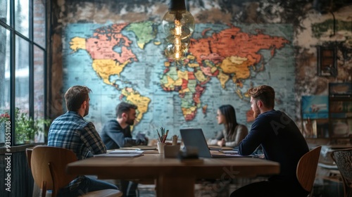 Group of People Sitting at a Table in a Cafe with a World Map on the Wall