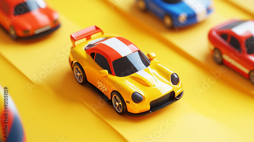 Toy cars race on a yellow background in a 3D render.