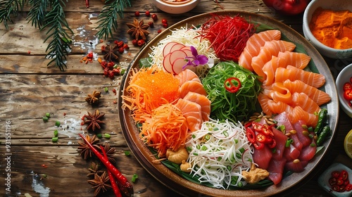 chinese new year asian local Malaysia yu sheng lo hei colorful salad vegan abalone salmon sweet sauce powder platter on wood table halal asian food restaurant banquet cafe menu : Generative AI photo