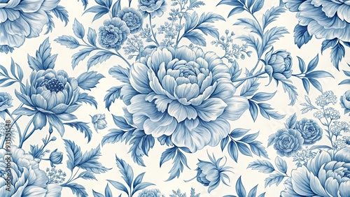 French toile pattern featuring light blue peony flowers, french, toile, pattern, light blue, peony, flowers, elegant