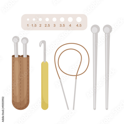 A set of knitting tools, needles, hook, ruler for determining the size of the needles. Vector illustration on white background.