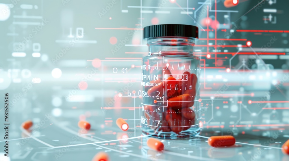 Analysing a vial with pills, scanning, numbers and red grid overlay Analysing a vial with pills, scanning, numbers and red grid overlay
