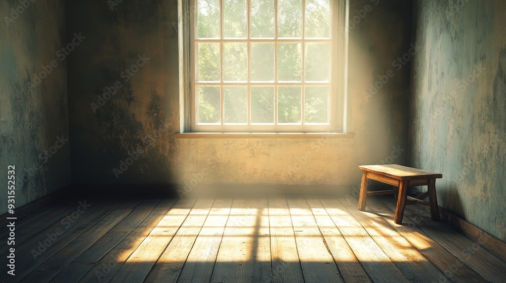 A room with a wooden bench and a window A room with a wooden bench and a window