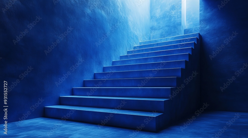 A blue staircase with a light shining through the window A blue staircase with a light shining through the window