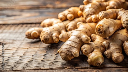 Close-up of fresh ginger root, a popular spice used in vegan and vegetarian cooking, ginger, root, spice, food, vegetable