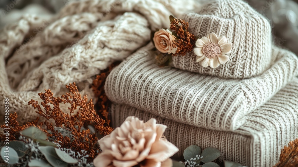 Naklejka premium Knitted goods gift box, cozy sweaters, scarves, hats, with embroidered flowers