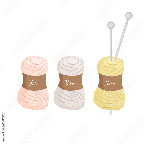 Three skeins of wool yarn. Hobby and handmade concept. Vector illustration for cards, banners, stickers, flyers, posters, scrapbooking.