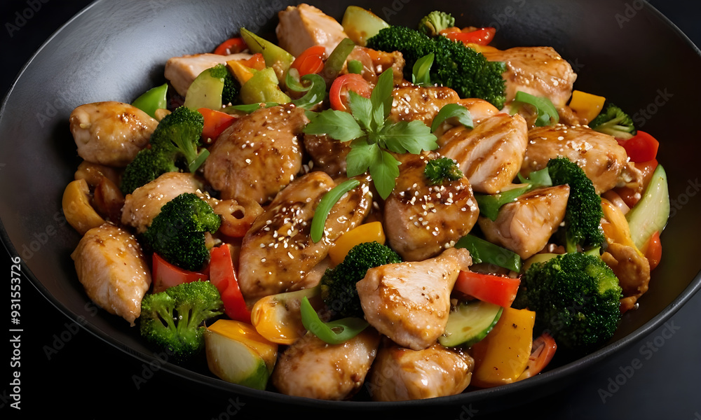 Wok with chicken and vegetables, cooking asian food Wok with chicken and vegetables, cooking asian food