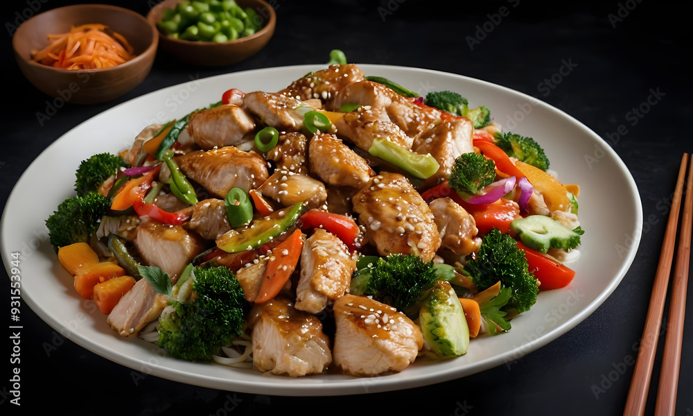Delicious chicken stir fry with colorful vegetables and sesame seeds Delicious chicken stir fry with colorful vegetables and sesame seeds